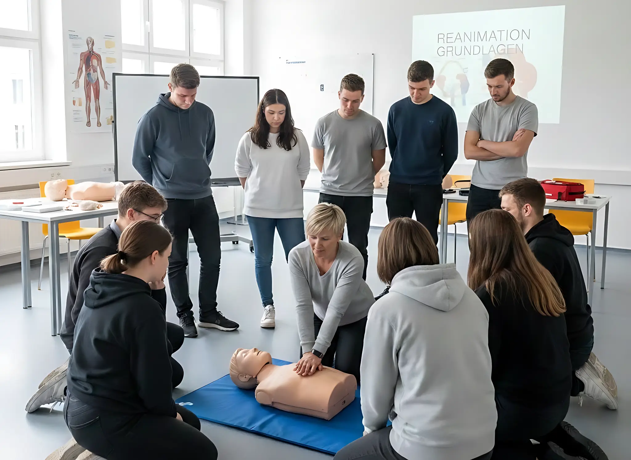 Erste-Hilfe-Kurs Teilnehmer bei praktischen Übungen